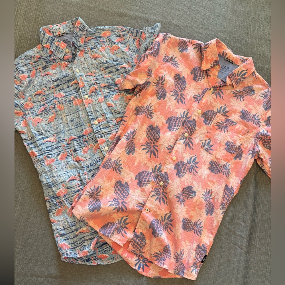 2 Men’s Small Pineapple Print and Flamingo Print Button-Up Shirts